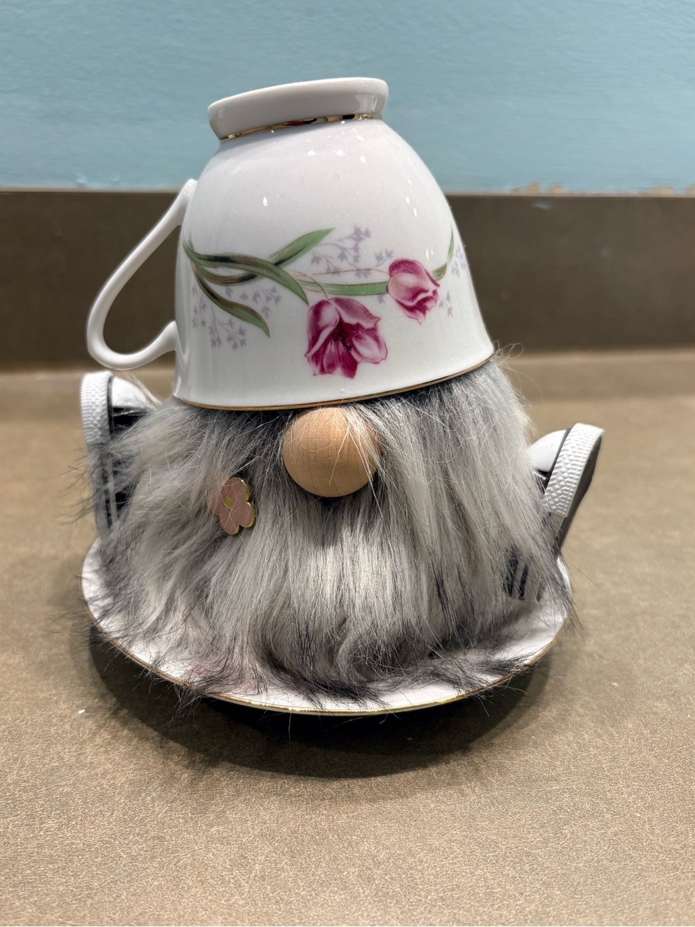 Handmade Floral Teacup Gnome - White and Gray Home Accent